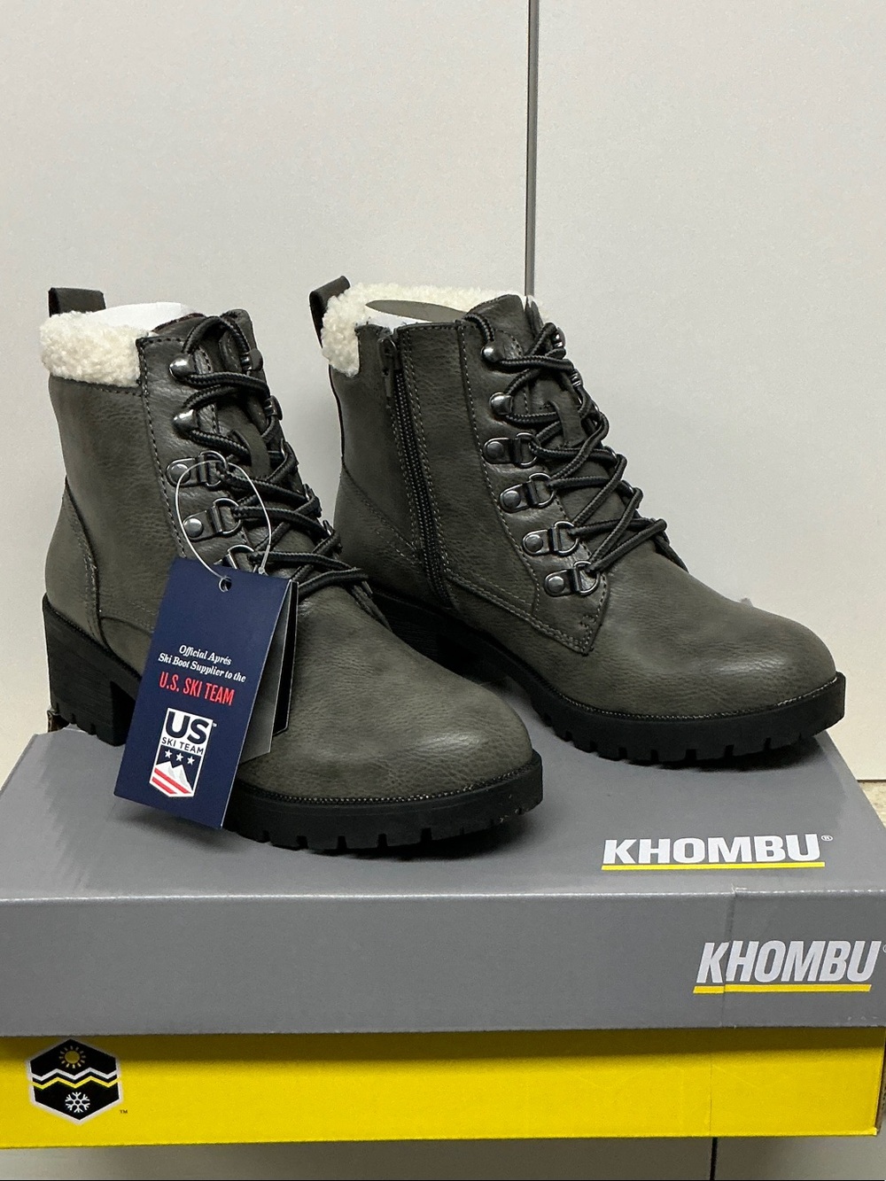 Khombu Langley Grey Lace-Up Ankle Boots with Faux Sherpa Collar